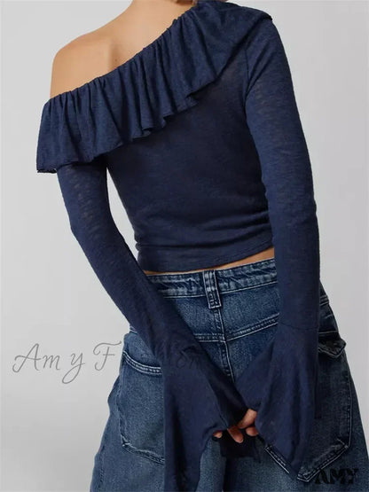 Amy Fashion - Off Shoulder Ruffles Solid Color Crop Tops T-Shirts