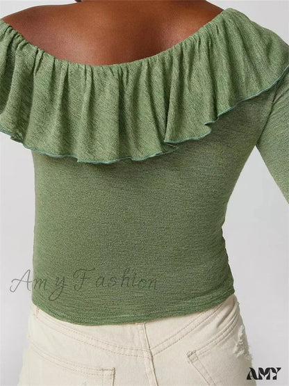 Amy Fashion - Off Shoulder Ruffles Solid Color Crop Tops T-Shirts