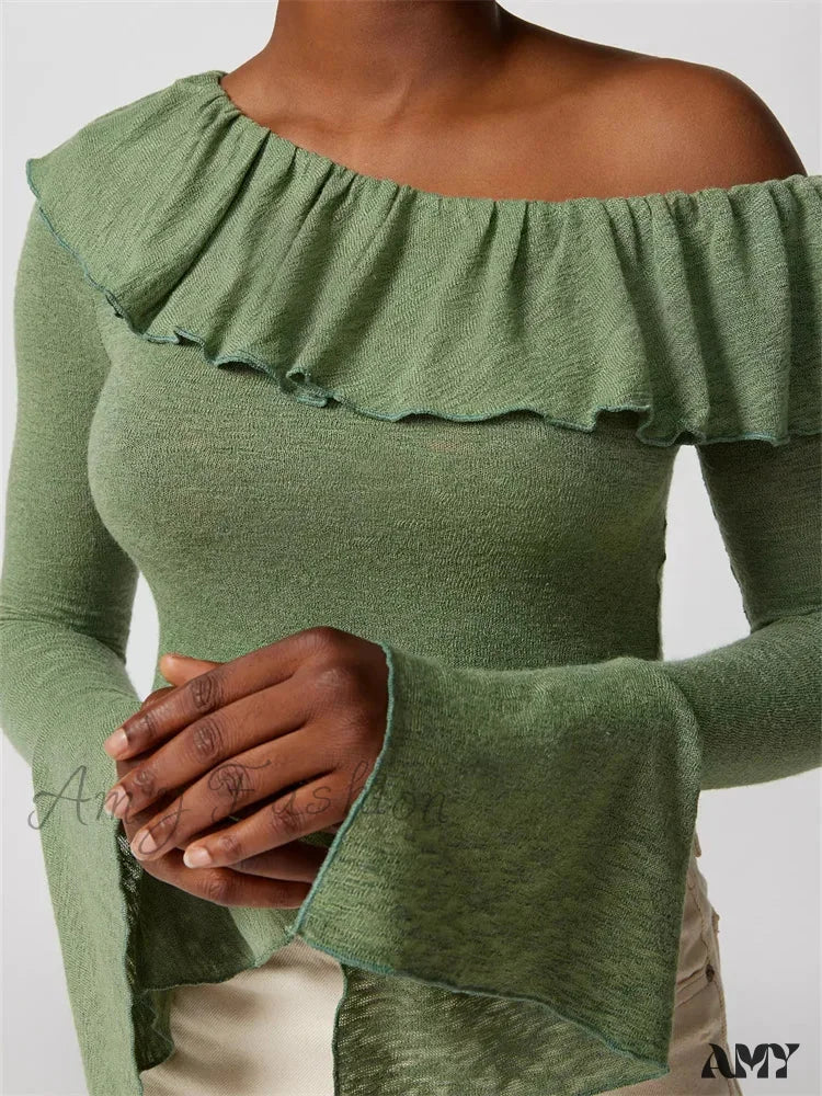 Amy Fashion - Off Shoulder Ruffles Solid Color Crop Tops T-Shirts Green / S