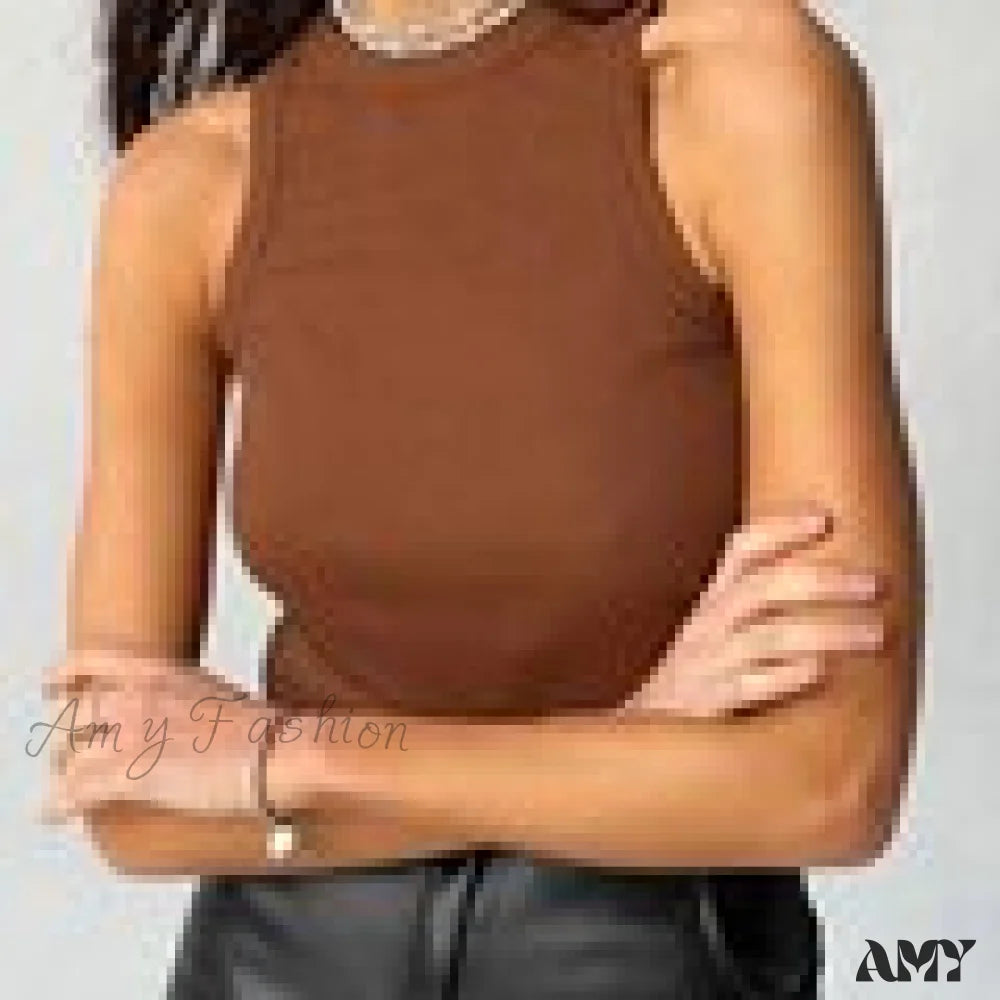 Amy Fashion - Off Shoulder Sexy Crop Tube Tank Summer Basic Long Brown / L