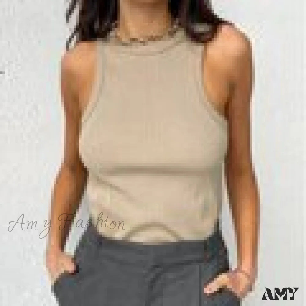 Amy Fashion - Off Shoulder Sexy Crop Tube Tank Summer Basic Long Khaki / M