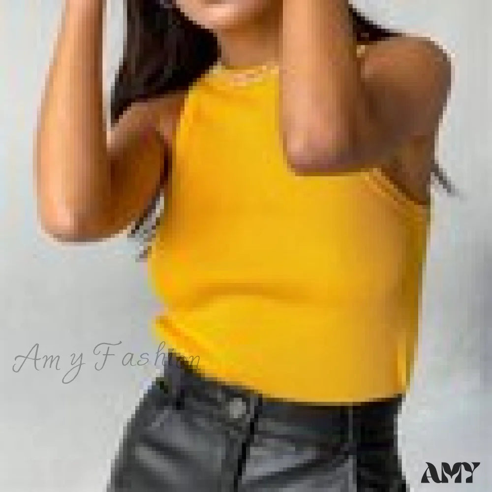 Amy Fashion - Off Shoulder Sexy Crop Tube Tank Summer Basic Long Yellow / S