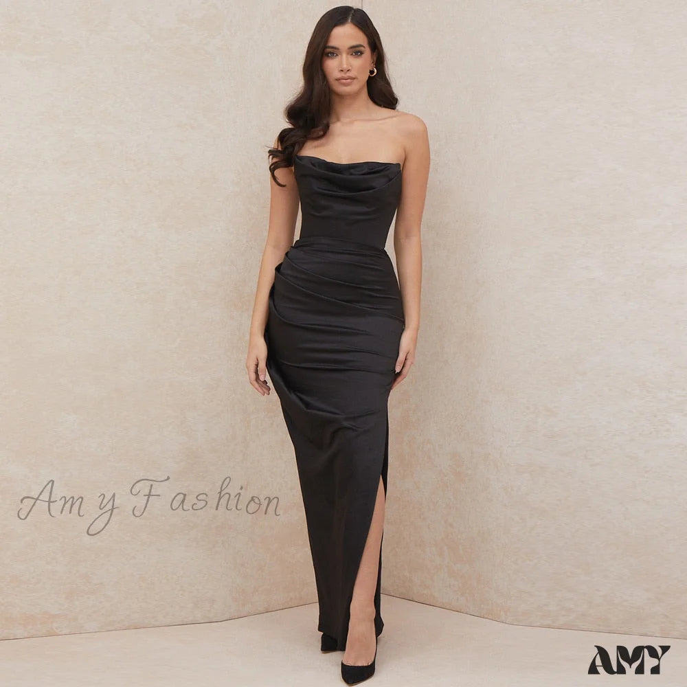Amy Fashion - Off Shoulder Sleeveless Backless Side Split Dress Black / M