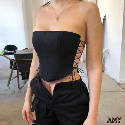 Amy Fashion - Off Shoulder Strapless Lace Up Bustier Corset Crop Top