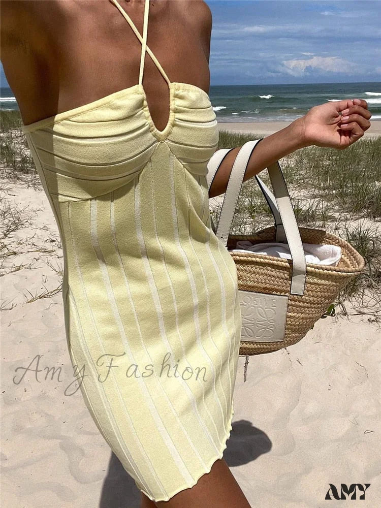 Amy Fashion - Off-Shoulder Stripe Knitting Bodycon Dress