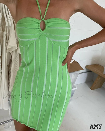 Amy Fashion - Off-Shoulder Stripe Knitting Bodycon Dress Green / L