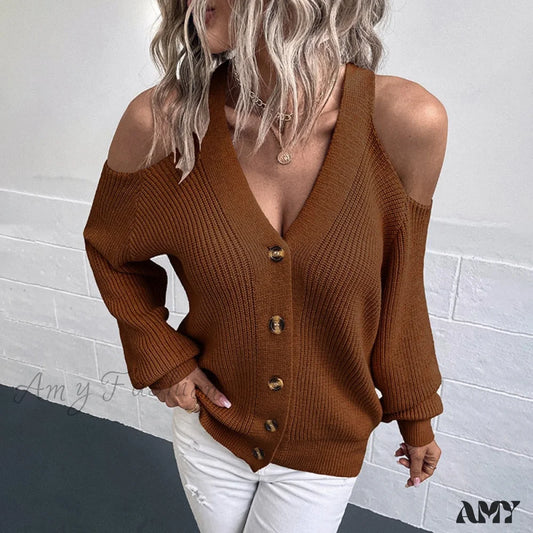 Amy Fashion - Off Shoulder Sweater High Quality Simple Knit Cardigan Auburn / S