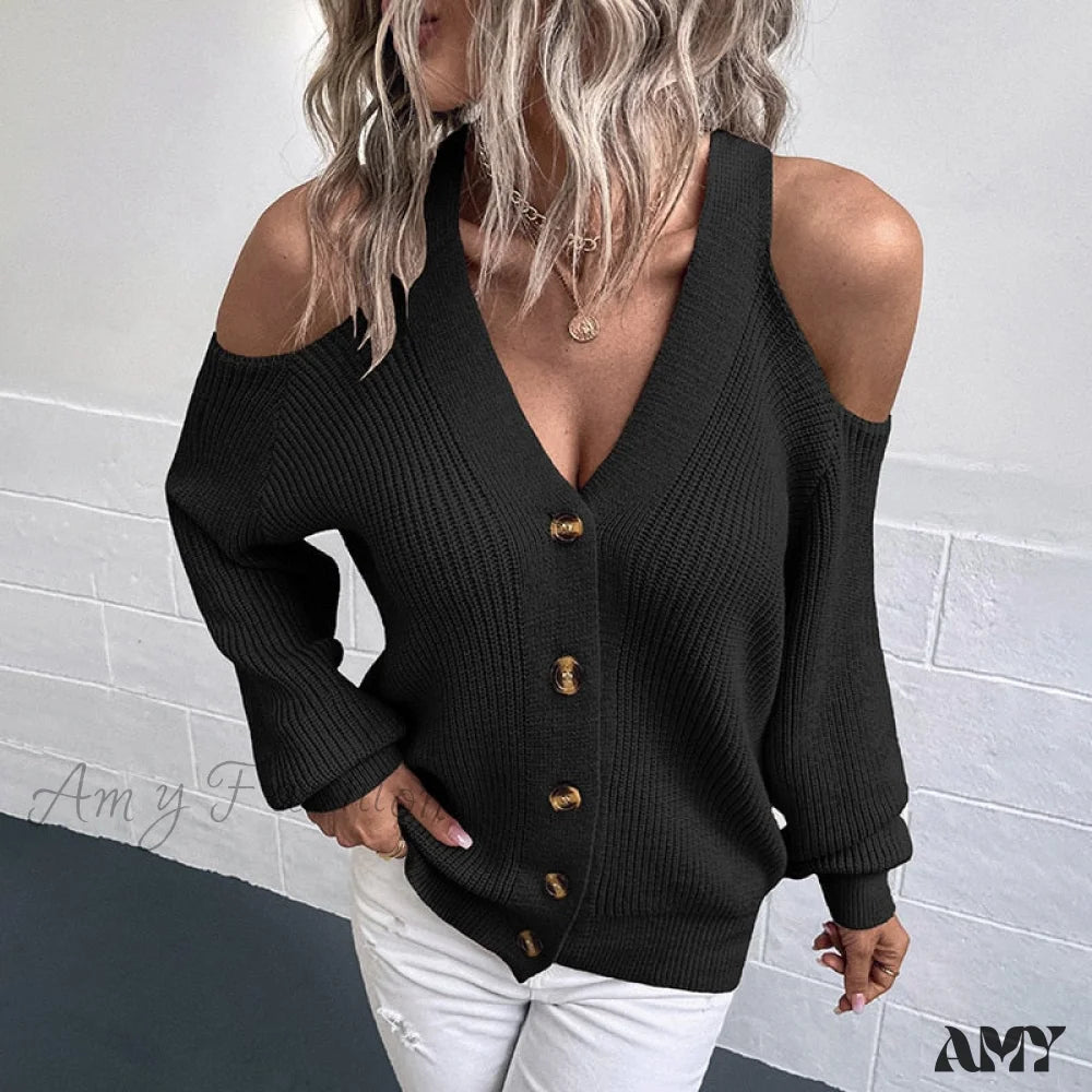 Amy Fashion - Off Shoulder Sweater High Quality Simple Knit Cardigan Black / S