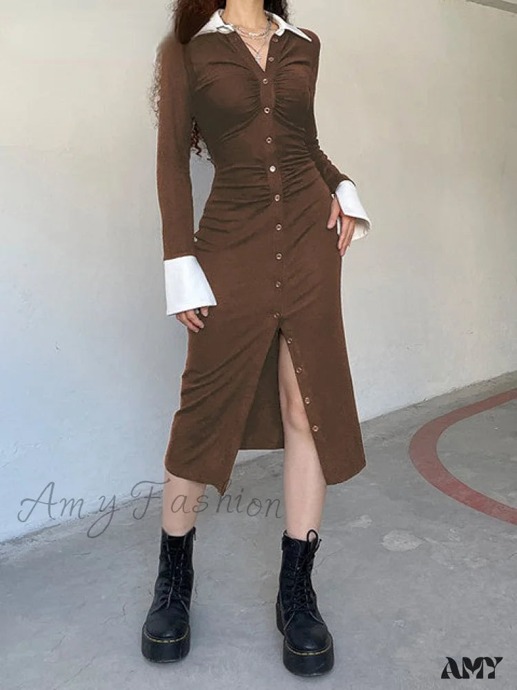 Amy Fashion - Office Lady Button Knitted Long Dress Auburn / S