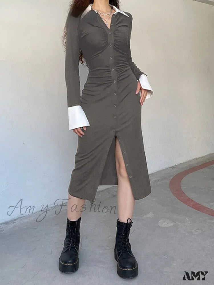 Amy Fashion - Office Lady Button Knitted Long Dress Gray / S