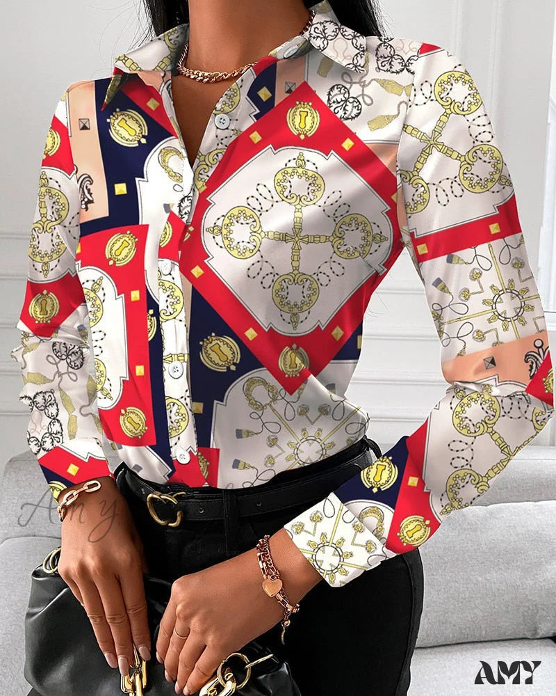Amy Fashion - Office Lady Print Button Shirts 6 / S