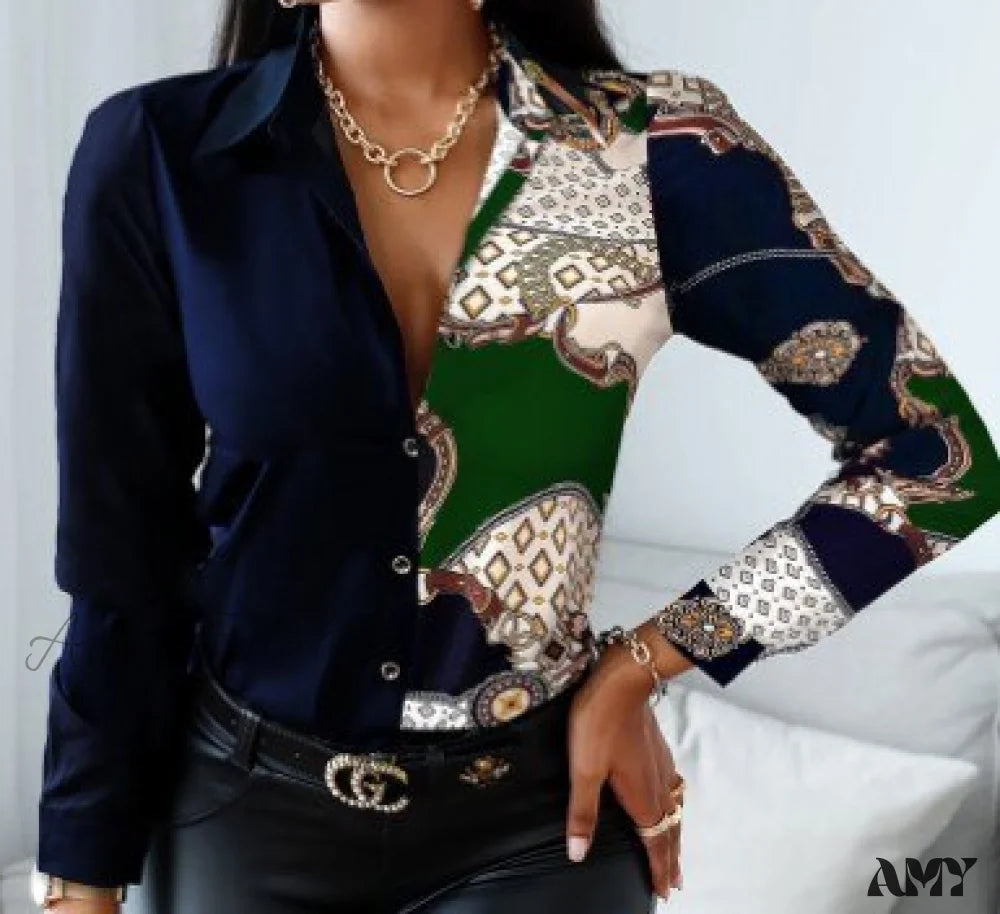 Amy Fashion - Office Lady Print Button Shirts 8 / S