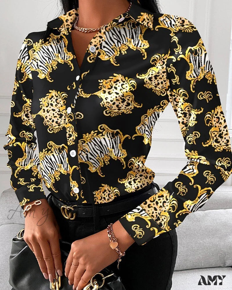 Amy Fashion - Office Lady Print Button Shirts 9 / S
