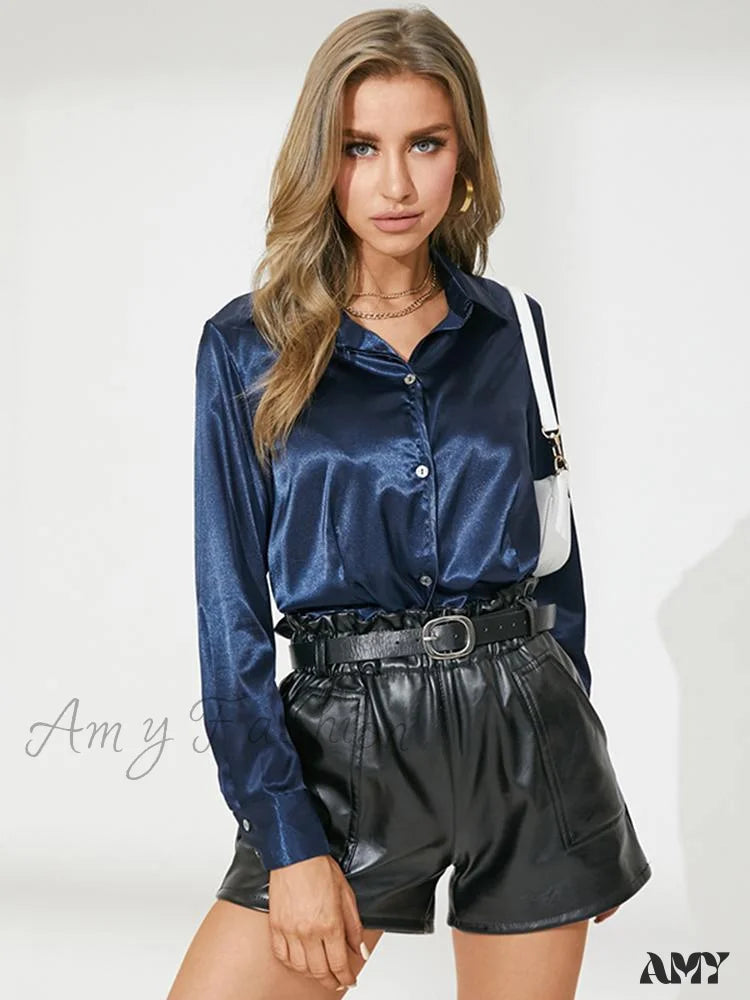 Amy Fashion - Office Lady Satin Blouse Navy / S