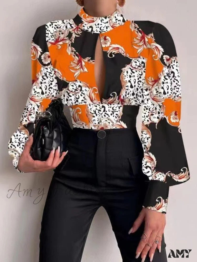 Amy Fashion - Office Ladyslim Stand Collar Long Sleeve Blouse Orange / S