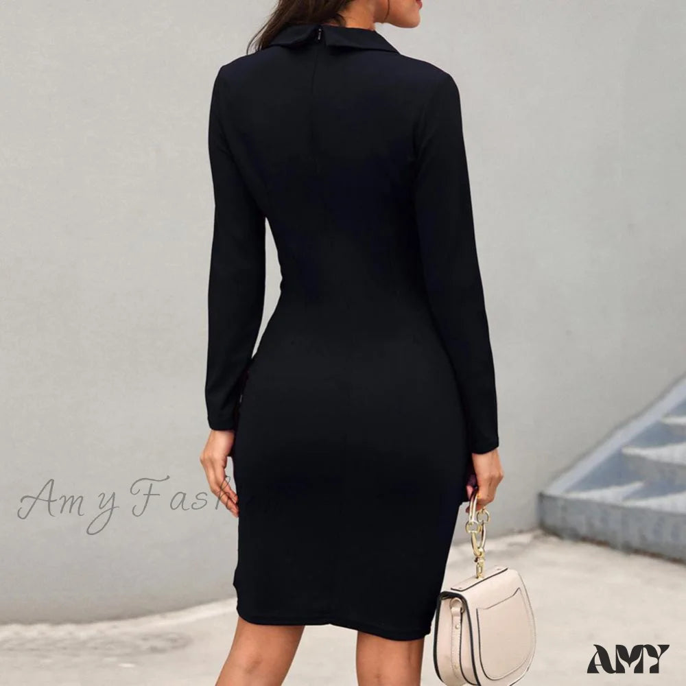 Amy Fashion - Office Women Buttons Slim Zipper Bodycon Suit Dress