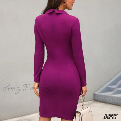 Amy Fashion - Office Women Buttons Slim Zipper Bodycon Suit Dress Purple / M