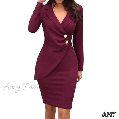 Amy Fashion - Office Women Buttons Slim Zipper Bodycon Suit Dress Wine Red / M