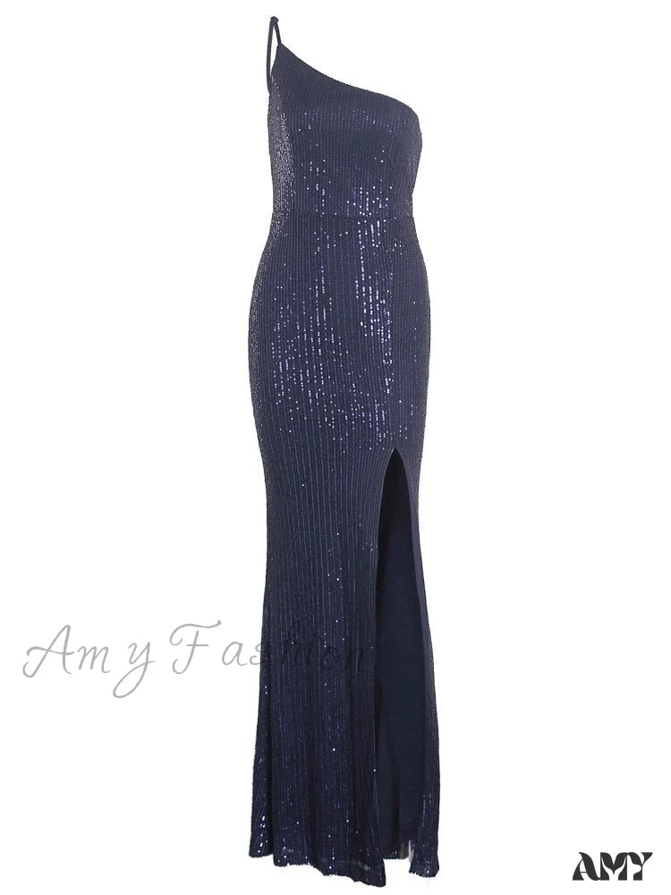 Amy Fashion - One Shoulder Hollow Out Sequin Cocktail Dress 2187-Blue / 4