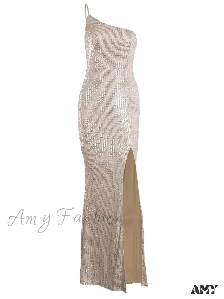 Amy Fashion - One Shoulder Hollow Out Sequin Cocktail Dress 2187-Silver / 4