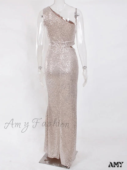 Amy Fashion - One Shoulder Hollow Out Sequin Cocktail Dress