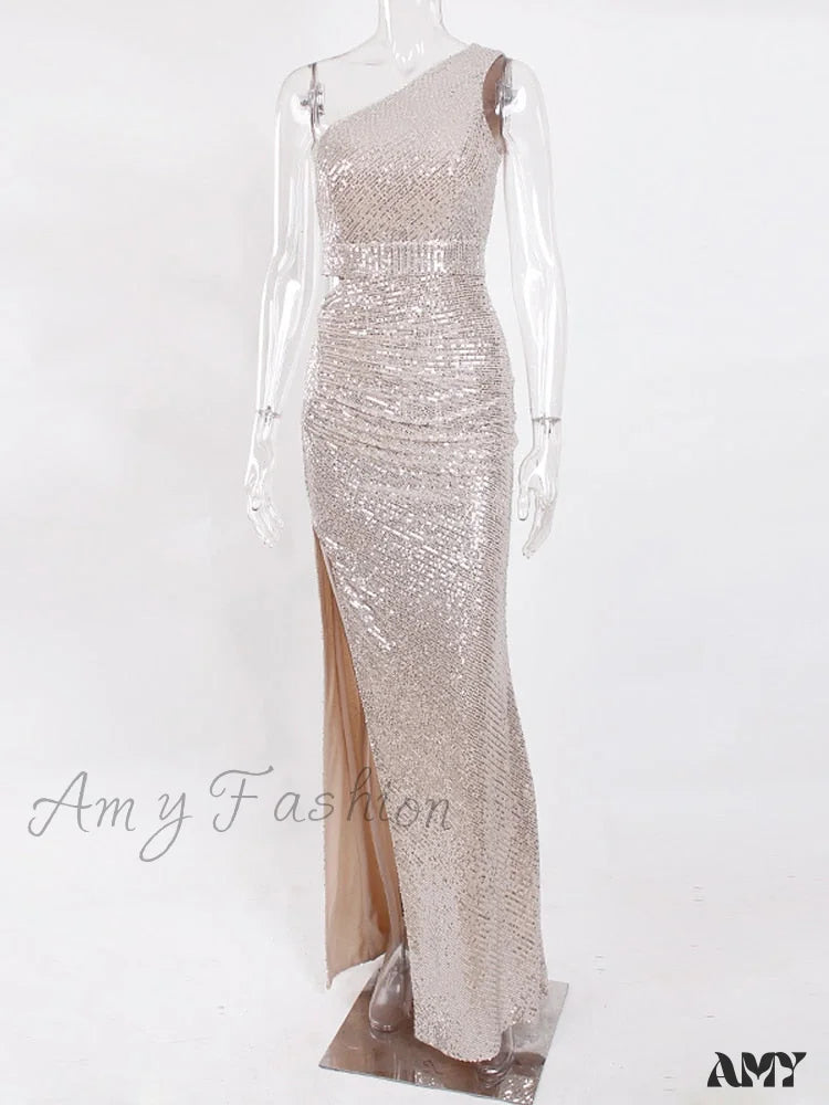 Amy Fashion - One Shoulder Hollow Out Sequin Cocktail Dress