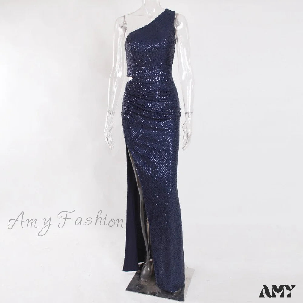 Amy Fashion - One Shoulder Hollow Out Sequin Cocktail Dress Blue / 4