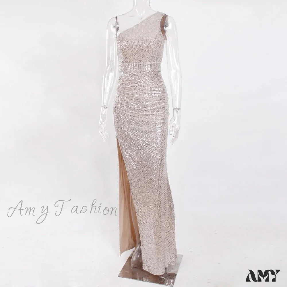 Amy Fashion - One Shoulder Hollow Out Sequin Cocktail Dress Silver / 4