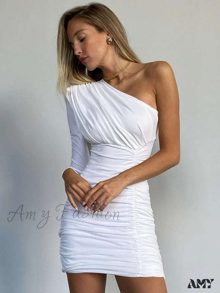 Amy Fashion - One Shoulder Ruched Long Sleeve Backless Mini Dress