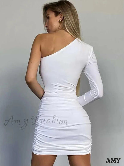 Amy Fashion - One Shoulder Ruched Long Sleeve Backless Mini Dress