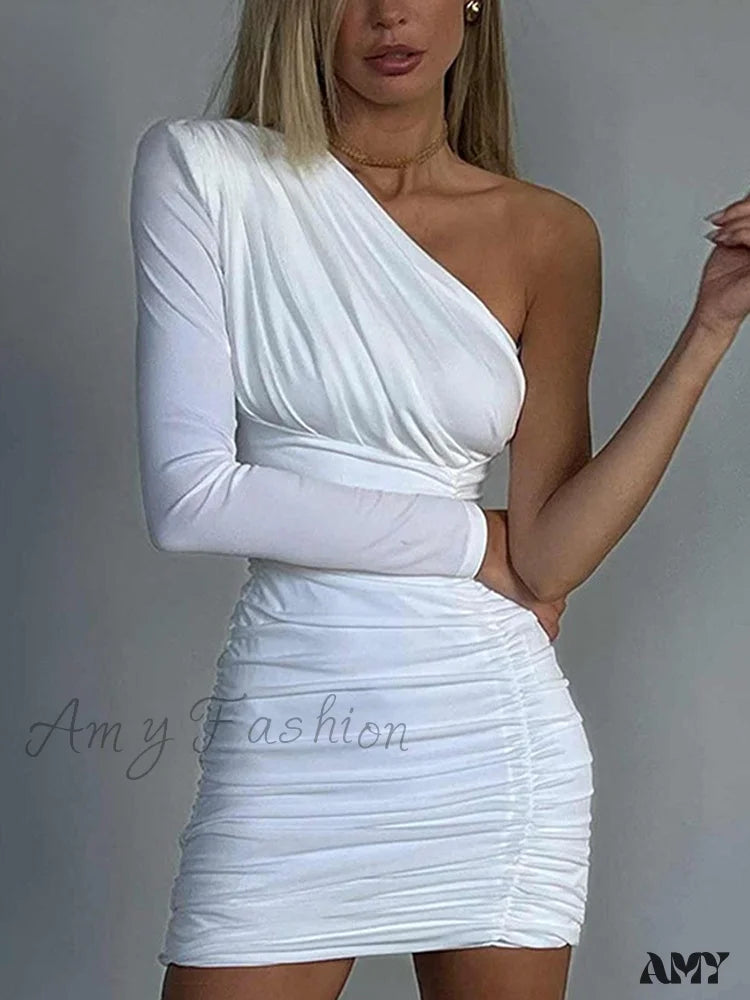 Amy Fashion - One Shoulder Ruched Long Sleeve Backless Mini Dress