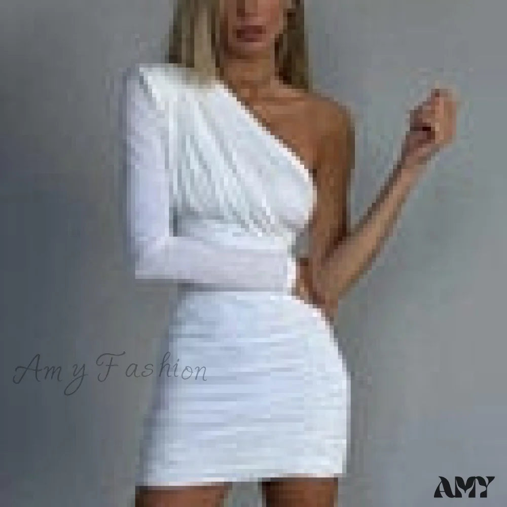 Amy Fashion - One Shoulder Ruched Long Sleeve Backless Mini Dress White / S