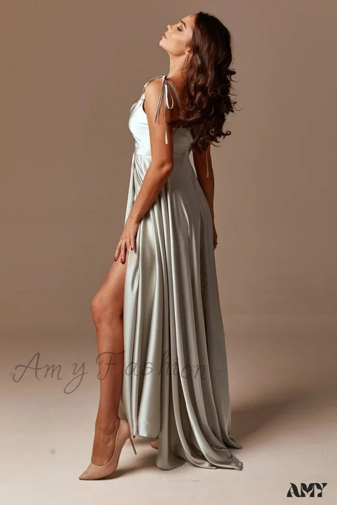 Amy Fashion - Open Back Sexy Side Slit Spaghetti Strap Evening Party Dress