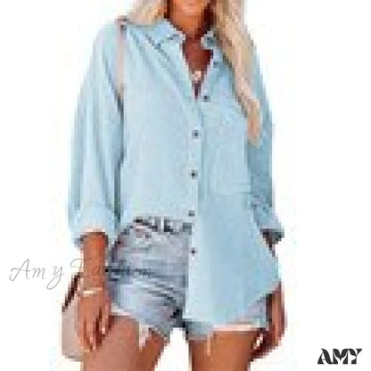 Amy Fashion - Oversize Turn Down Collar Elegant Blouses Blue / M