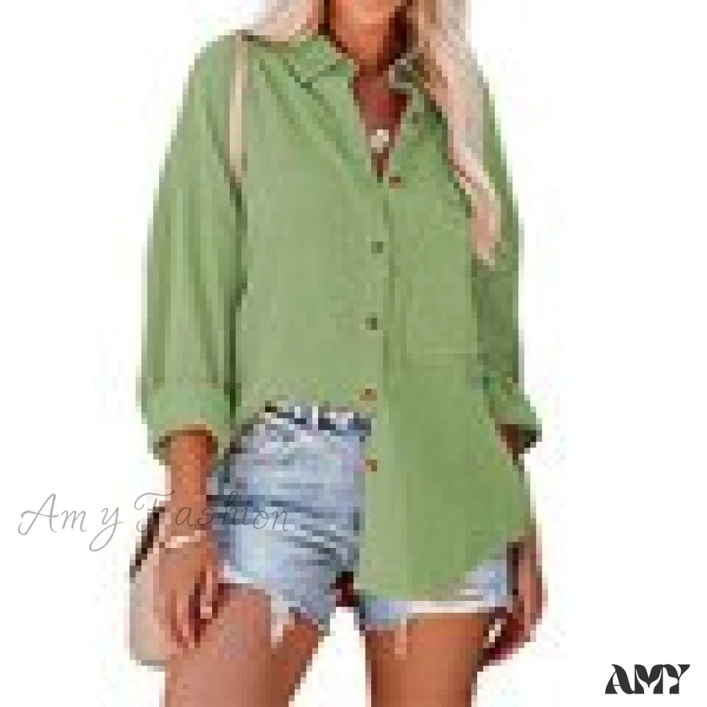 Amy Fashion - Oversize Turn Down Collar Elegant Blouses Green / M