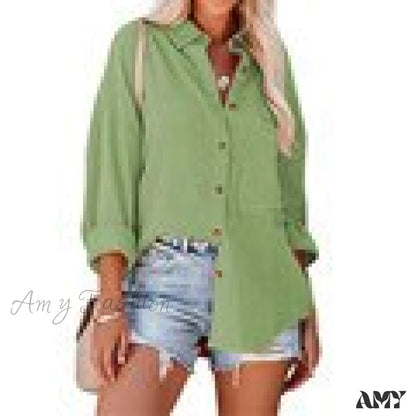 Amy Fashion - Oversize Turn Down Collar Elegant Blouses Green / M