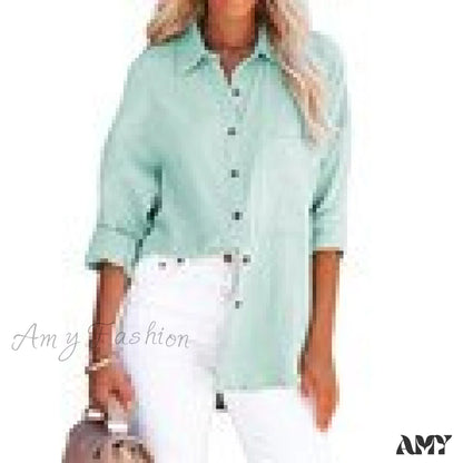 Amy Fashion - Oversize Turn Down Collar Elegant Blouses Lake Green / M