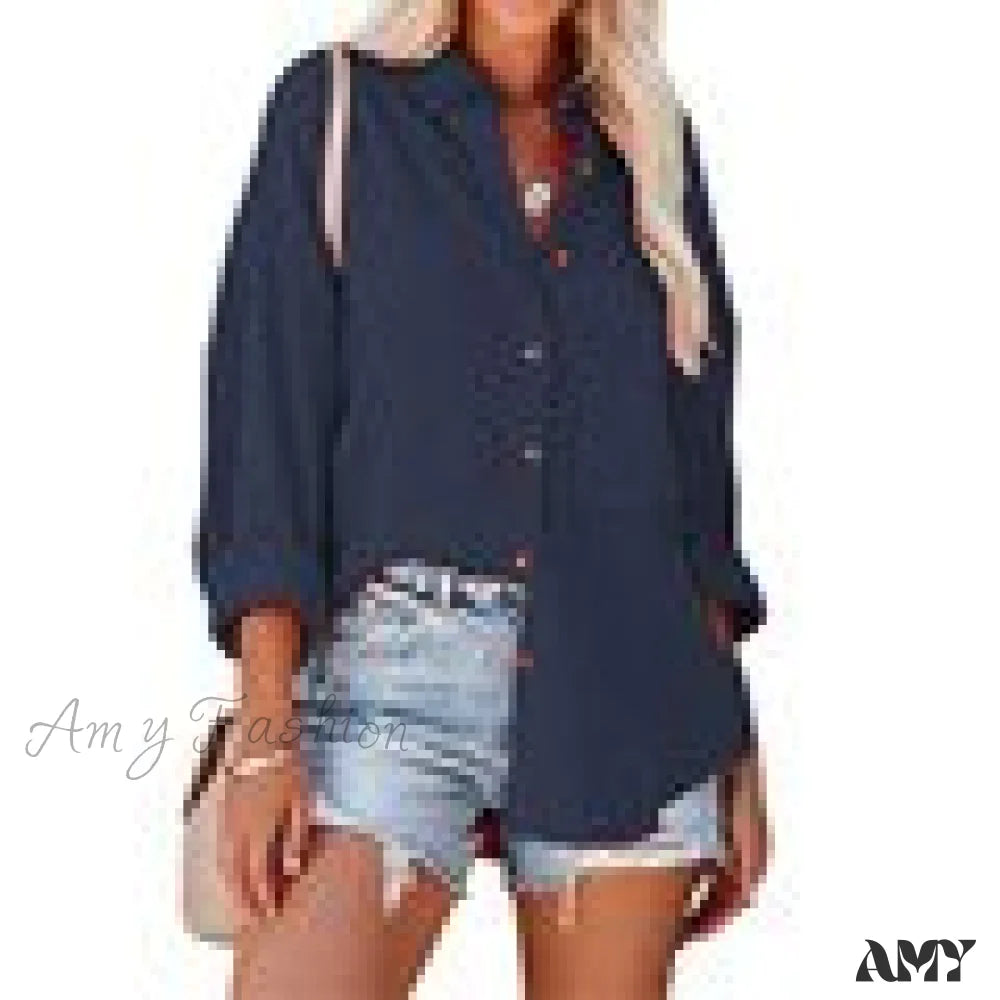 Amy Fashion - Oversize Turn Down Collar Elegant Blouses Navy Blue / M