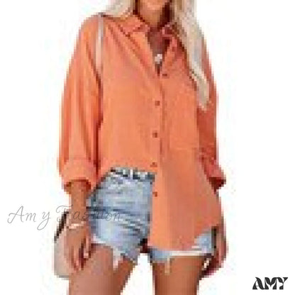 Amy Fashion - Oversize Turn Down Collar Elegant Blouses Orange / M