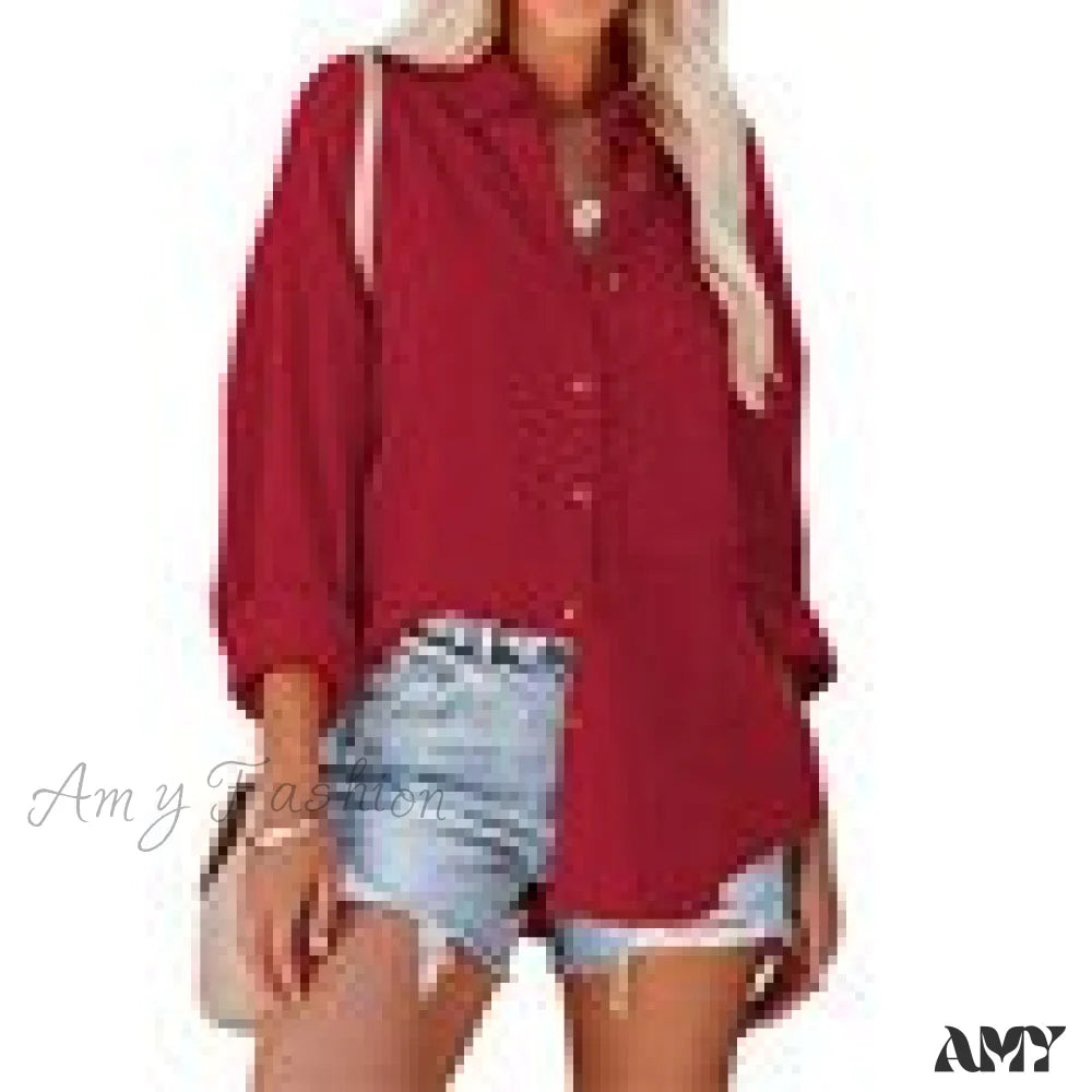 Amy Fashion - Oversize Turn Down Collar Elegant Blouses Wine Red / M