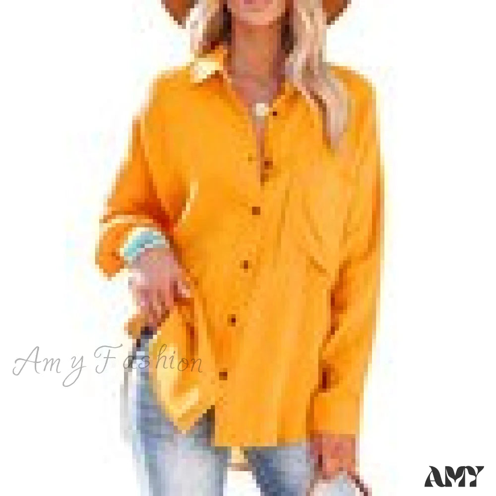 Amy Fashion - Oversize Turn Down Collar Elegant Blouses Yellow / M