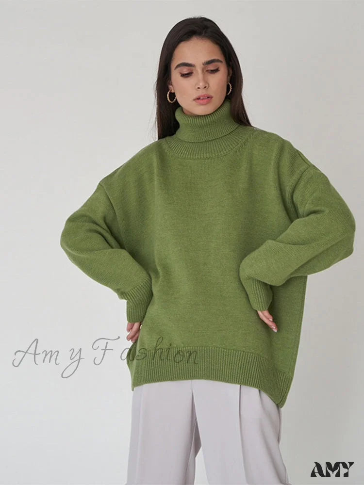 Amy Fashion - Oversized Casual Turtleneck Solid Color Pollover Sweater