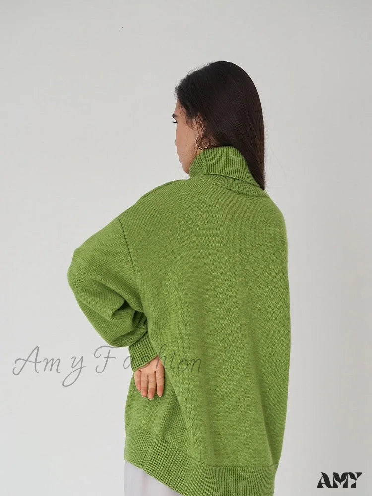 Amy Fashion - Oversized Casual Turtleneck Solid Color Pollover Sweater