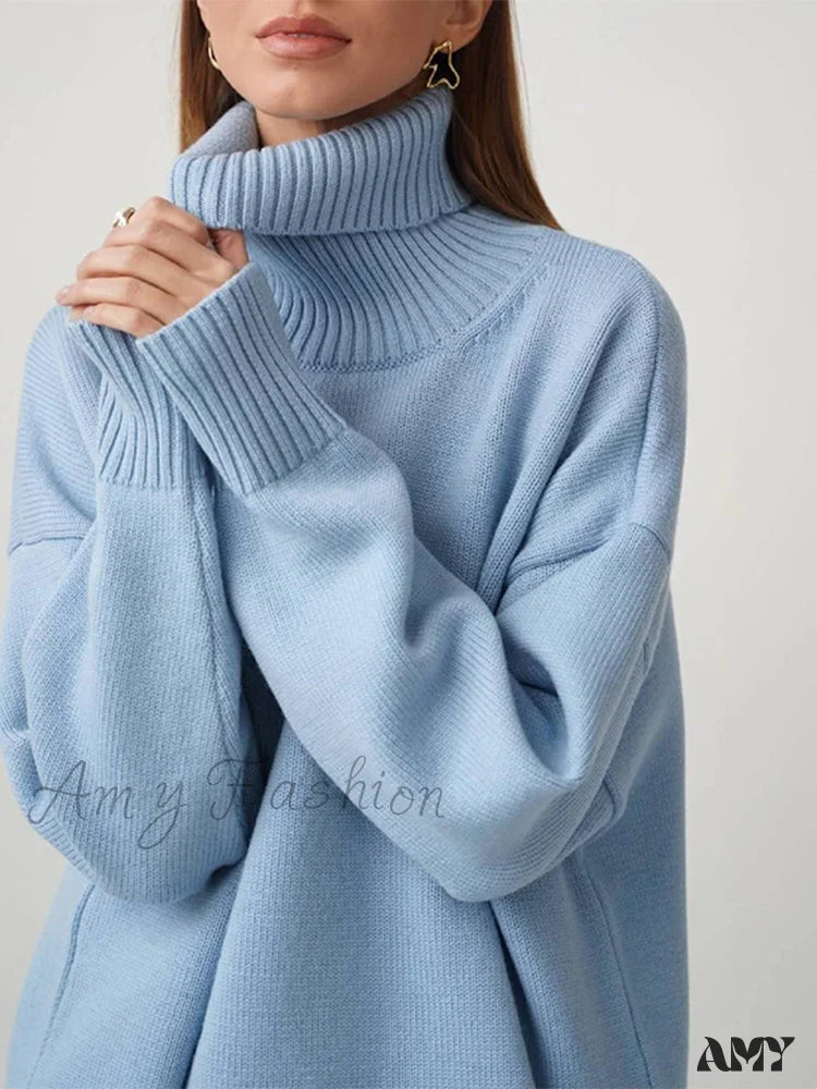 Amy Fashion - Oversized Casual Turtleneck Solid Color Pollover Sweater