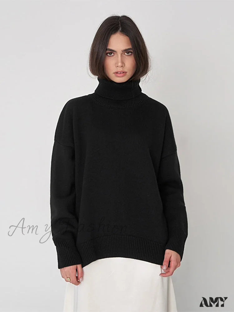 Amy Fashion - Oversized Casual Turtleneck Solid Color Pollover Sweater Black / One Size