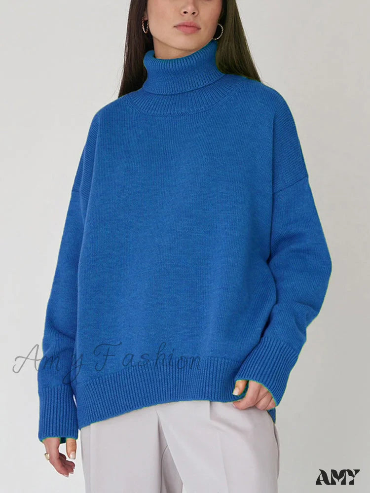 Amy Fashion - Oversized Casual Turtleneck Solid Color Pollover Sweater Blue / One Size