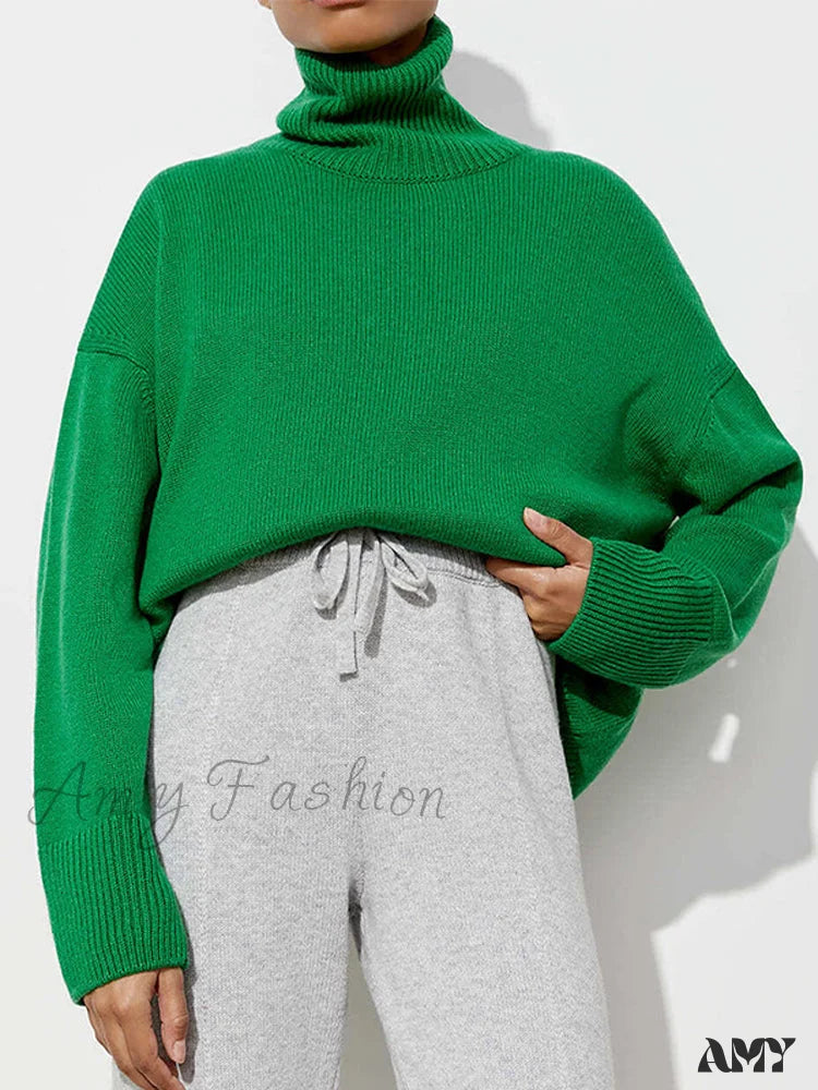 Amy Fashion - Oversized Casual Turtleneck Solid Color Pollover Sweater Green / One Size