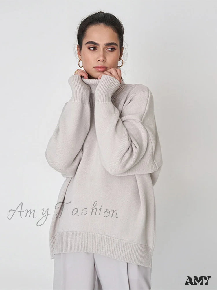Amy Fashion - Oversized Casual Turtleneck Solid Color Pollover Sweater Grey / One Size
