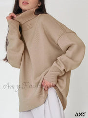Amy Fashion - Oversized Casual Turtleneck Solid Color Pollover Sweater Khaki / One Size