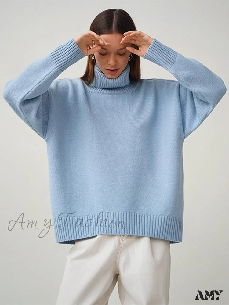 Amy Fashion - Oversized Casual Turtleneck Solid Color Pollover Sweater Light Blue / One Size
